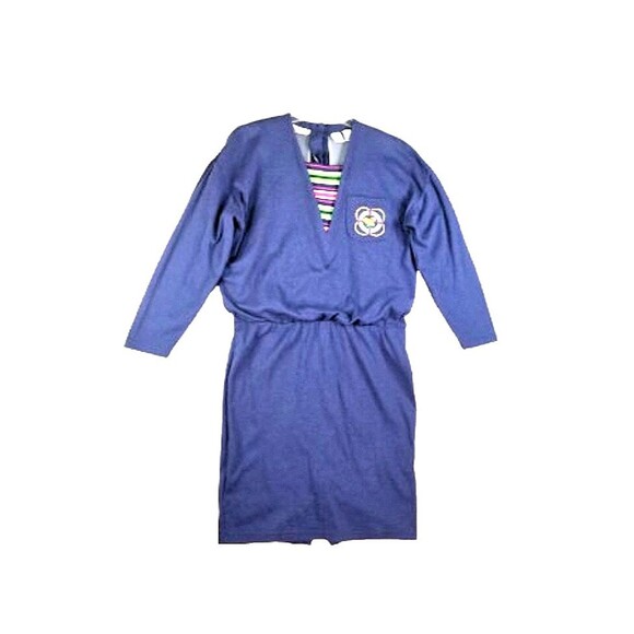 MS CHAUS KNITS Dresses & Skirts - Vtg MS CHAUS KNITS Navy Blue Dress Sz Large Cotton Long Sleeves 1980s
